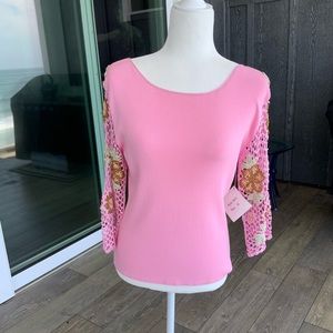 Never Worn Joseph A. Sz.M TopTropical Pink wPink, Mint and Brown Crochet Sleeves